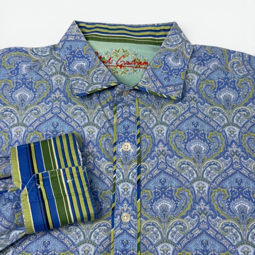 Robert Graham Shirt Mens 2XL XXL Blue Paisley Flip Cuff Luxury Button Up